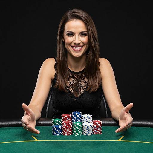 Photograph of a smiling brunette woman with long hair, wearing a black lace top, gesturing towards colorful poker chips on a green casino table, against