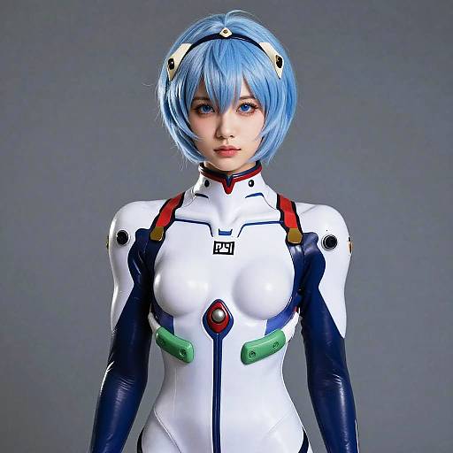Digital art of a young woman with blue hair in an anime-style white, black, and red futuristic bodysuit against a gray background.