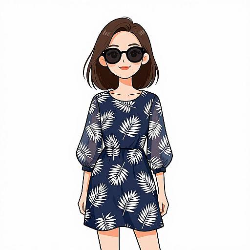 Digital illustration of a smiling woman with short brown hair, wearing black sunglasses, a navy blue floral dress, and standing against a white background.