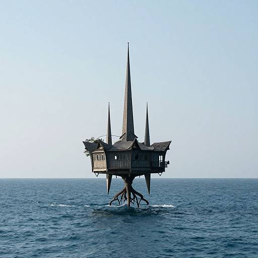 Photograph of a unique wooden pirate ship with multiple tall masts, floating on calm blue ocean under a clear sky.