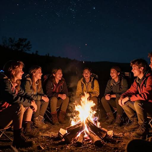 Photograph of six smiling teenagers sitting around a glowing campfire at night, under a starry sky, wearing casual jackets and boots.
