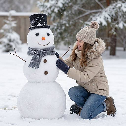 Photograph of a smiling woman in winter clothes, kneeling and decorating a snowman with a black hat and gray scarf in a snowy forest.