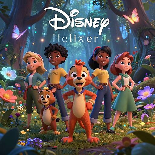 Disney Helix: CGI image of Tinker Bell, a dark-skinned boy, two girls, and two anthropomorphic birds in a vibrant, fairy