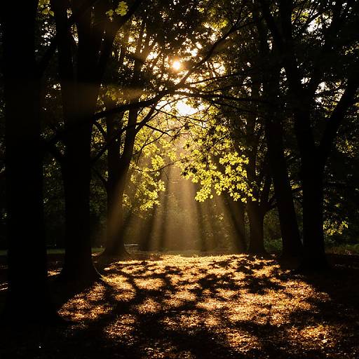 Photograph of a sunlit forest, sunlight beams filtering through dense trees, casting golden light and shadows on the forest floor.
