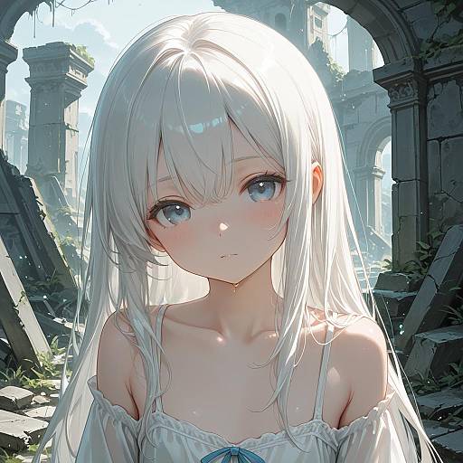Anime Girl with White Hair in Ancient Ruins