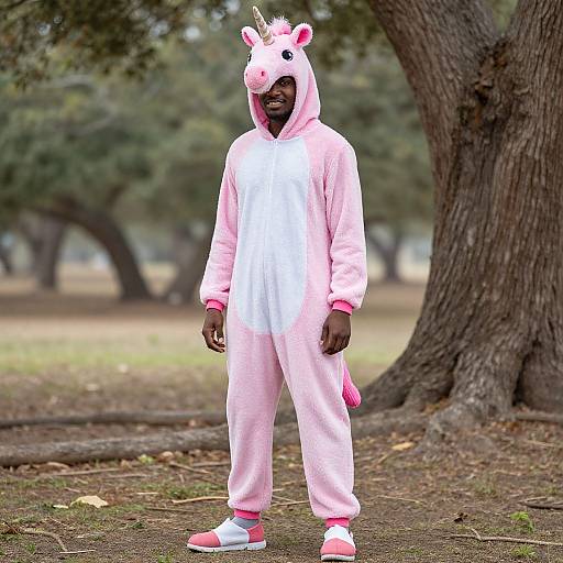 Photograph of a Black man in a pink unicorn onesie with hood and ears, standing in a wooded park.