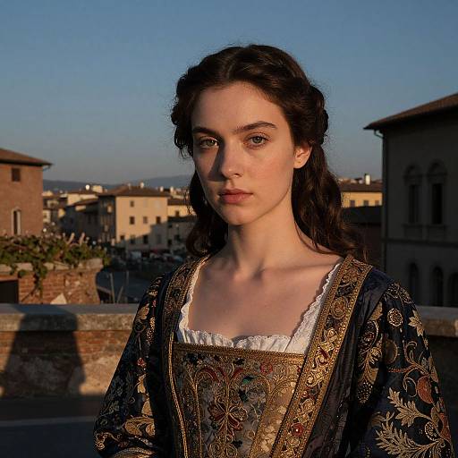 Photograph of a young woman with fair skin and dark, wavy hair, wearing an ornate, medieval-style dress, standing on a rooftop with