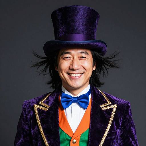 Photograph of smiling Asian man in Victorian-style outfit: black top hat, purple velvet coat, blue bowtie, orange and green vest, dark background
