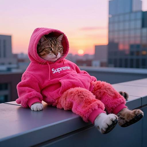Cat in Supreme Hoodie on Rooftop