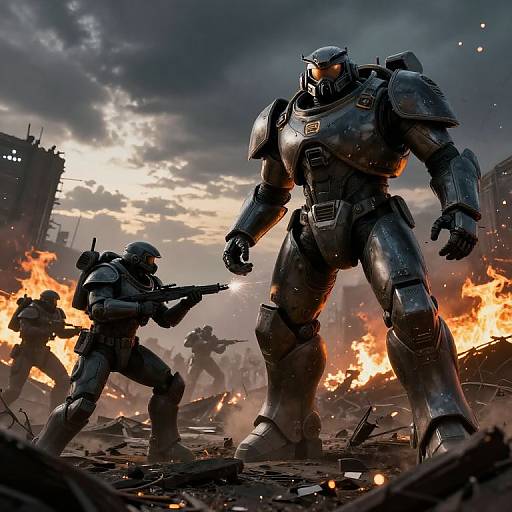 Photorealistic CGI of armored soldiers in intense urban battle, with one large, towering figure and multiple smaller soldiers firing at a fiery, war-torn