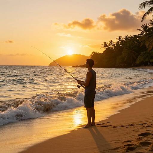 Photograph of a shirtless man fishing at sunset on a golden beach, waves gently touching the shore, palm trees and hills in the background.