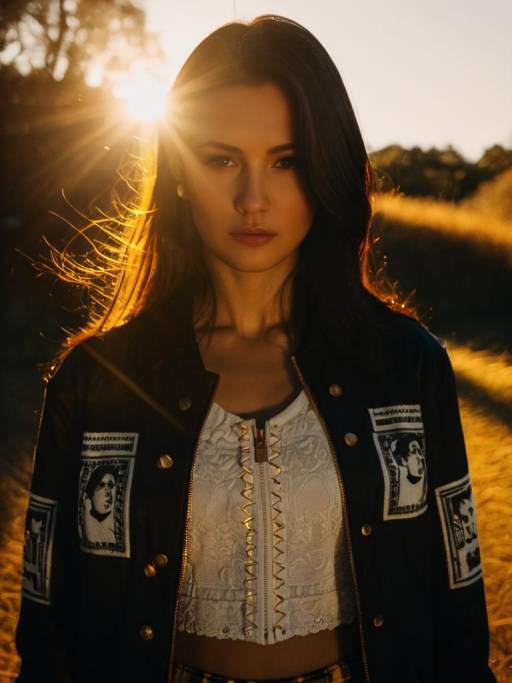 Woman in Patchwork Streetwear Jacket at Sunset