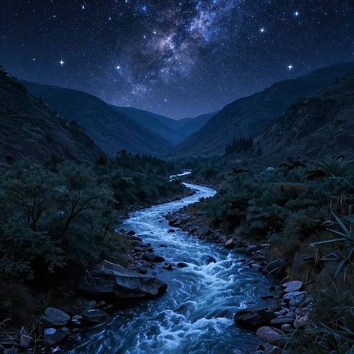 Photograph of a luminous, star-filled night sky over a glowing blue river flowing through dark, rocky mountain valleys.