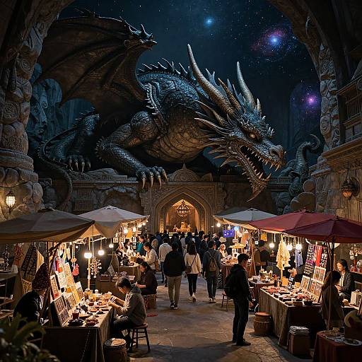 Photograph of a night market under a starry sky with a large, menacing dragon overhead, surrounded by lit stalls and shoppers.