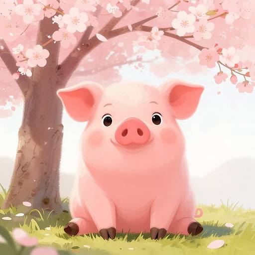 Whimsical Pink Pig Under Cherry Tree