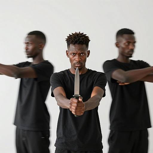 Man Holding Knife with Blurred Figures