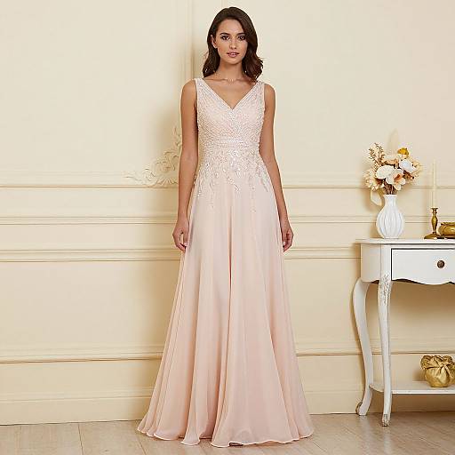 Photograph of a woman in a sleeveless, V-neck, pink chiffon wedding gown with lace detailing, standing in an elegant cream-colored room with