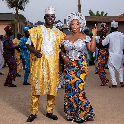 Photograph of a Black couple in vibrant African attire; man in gold, silver patterned robe, woman in silver top, colorful patterned skirt,