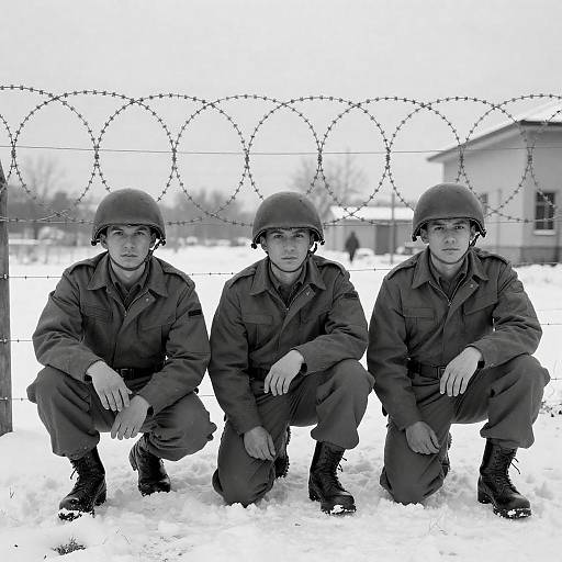 Three Soldiers Behind Snowy Barbed Wire