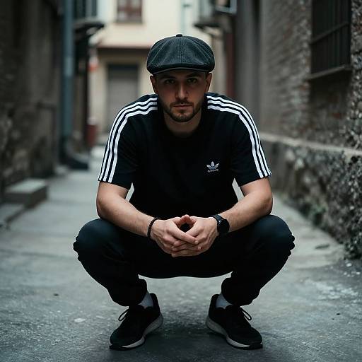 Photograph of a bearded man squatting on a narrow, urban alleyway, wearing a black Adidas shirt, cap, and pants, with a