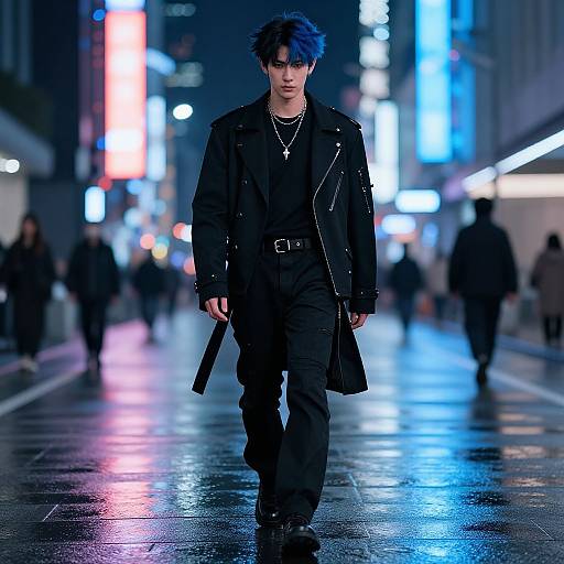 Cyberpunk street scene: blue-haired man in black leather jacket, black pants, holding sword, walking on wet, neon-lit city street.