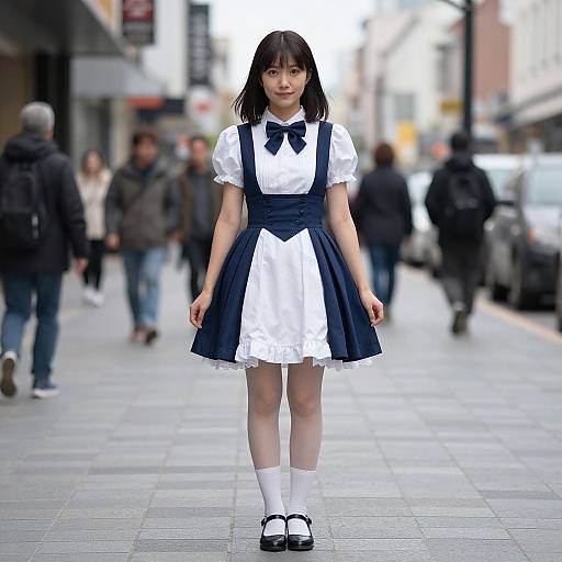 Photograph of an East Asian woman in a French maid outfit, standing alone on a busy urban street, blurred background.