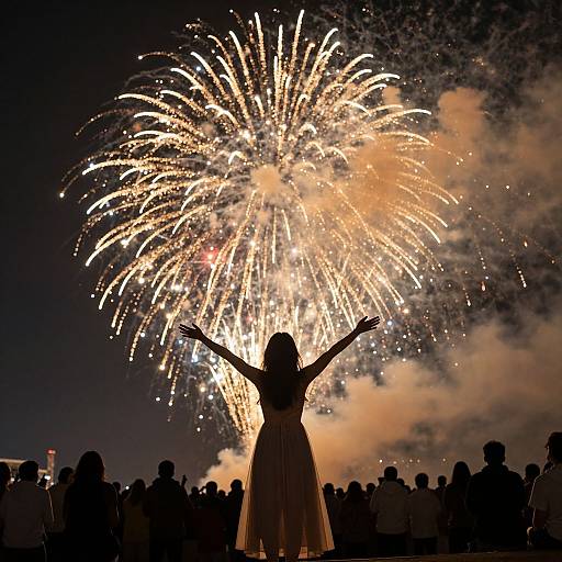 Photograph of a woman in a dress with arms raised, silhouetted against a dazzling, golden fireworks display over a night crowd.