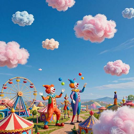 Colorful cartoon carnival scene with two tall, juggling clown figures, pink clouds, Ferris wheel, circus tents, and bright blue sky.