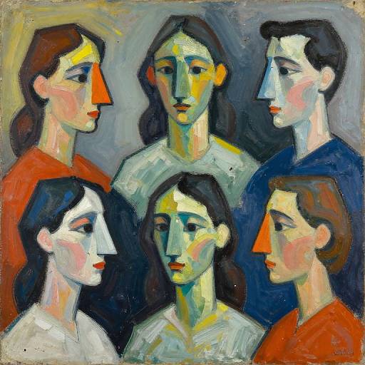 Expressionist painting of five androgynous figures with simplified, angular faces, colorful clothing, and muted background; bold brushstrokes and vibrant red
