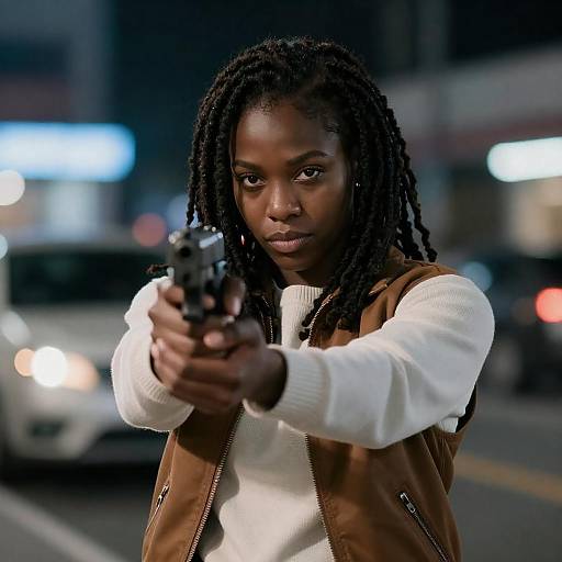 Black Woman Aiming Handgun at Night