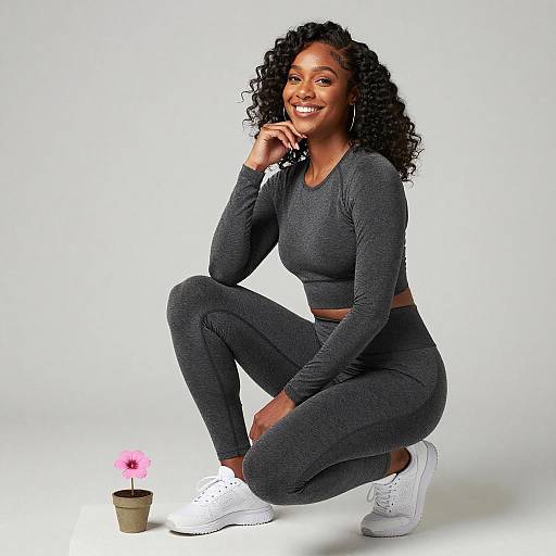 Photograph of a smiling, curly-haired Black woman in gray athletic wear, squatting beside a small pink flower pot, wearing white sneakers.