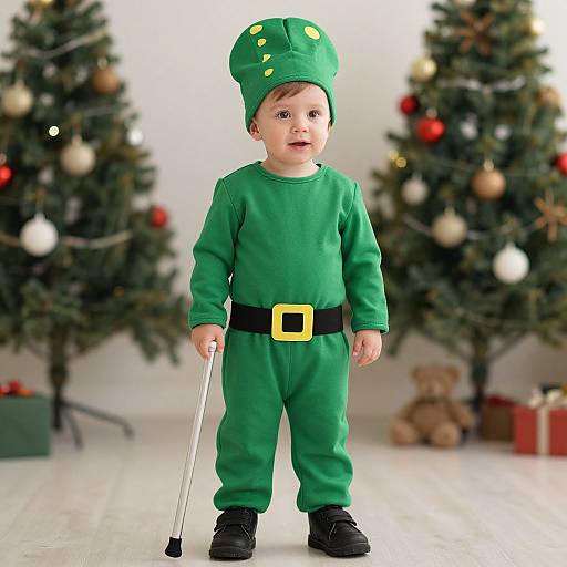 Photograph of a cute toddler in a green elf costume with a tall hat, black belt, and cane, standing between two decorated Christmas trees.