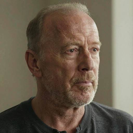 Photograph of a middle-aged, balding man with gray beard and mustache, wearing a black shirt, gazing thoughtfully to the right.