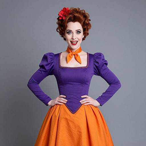 Vintage-inspired photograph of a fair-skinned woman with red curls, wearing a blue bodice, orange skirt, orange necktie, and red flower,