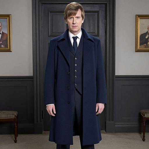 Photograph of a serious-looking man with short brown hair, wearing a black overcoat, white shirt, and black tie, standing in a formal room