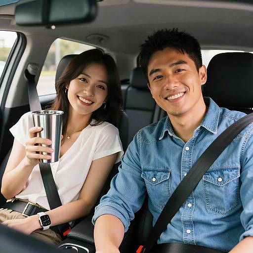 Photograph of a smiling Asian couple in a car; woman in white shirt holding coffee, man in blue denim shirt, both wearing seatbelts.
