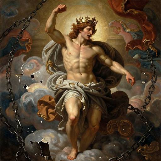 Baroque-style painting of muscular, crowned, nude Christ with golden halo, breaking chains, surrounded by swirling clouds and red, golden drapery.