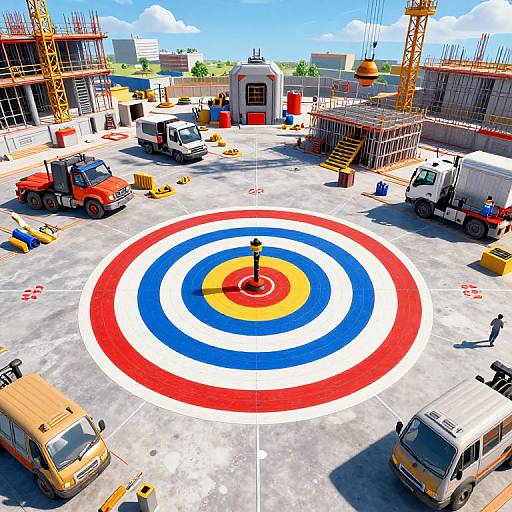 Photorealistic CGI of a construction site with vibrant circular target painted on concrete, surrounded by trucks, construction equipment, and scaffolding.