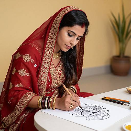 Photograph of an Indian woman in a red and gold traditional saree, sketching on white paper, with a yellow wall and potted plant in