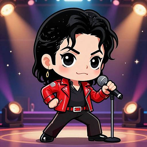 Chibi-style cartoon of a black-haired rockstar with a red jacket, black shirt, and pants, singing into a microphone on stage.