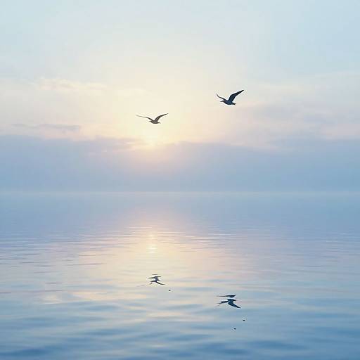 Photograph of three birds flying over a calm, reflective ocean at sunset, with a glowing, pale orange sun partially obscured by light clouds.