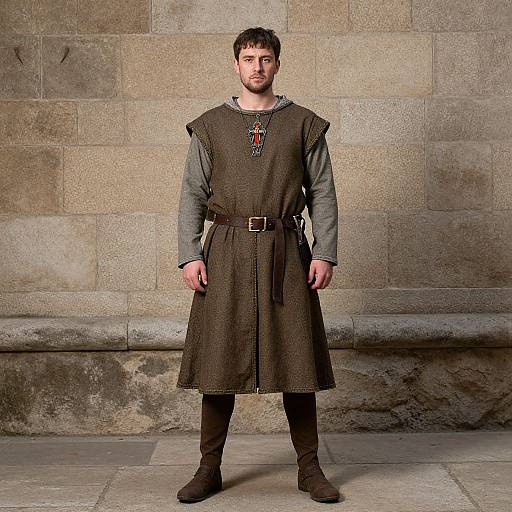 Photograph of a bearded man in medieval attire, wearing a brown tunic, gray shirt, belt, and boots, standing in front of a