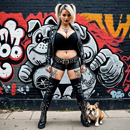 Punk Rock Woman with Bulldog in Front of Graffiti Wall