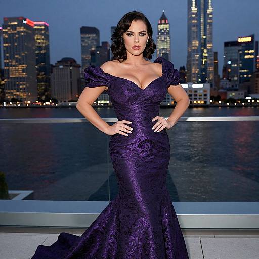 Photograph of a curvy woman with dark wavy hair, wearing an off-shoulder, purple, textured evening gown, standing against a city