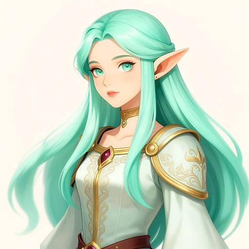 Digital anime-style drawing of a beautiful, green-eyed, elven woman with long, aqua hair, pointed ears, wearing an ornate white and