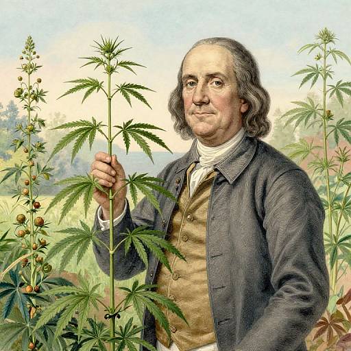 18th-century illustration of a Caucasian man with gray hair, wearing a brown vest and dark coat, holding a cannabis plant.