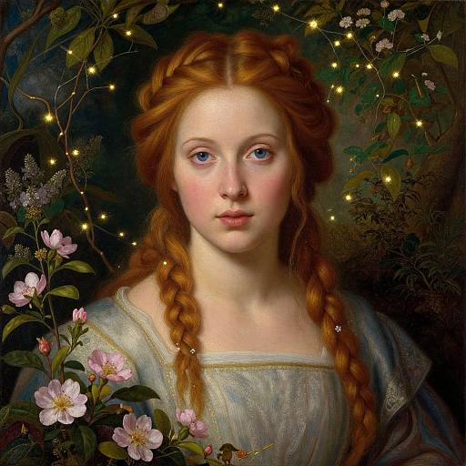 Digital painting of a fair-skinned, red-haired girl with braided hair, blue eyes, wearing a light blue dress, surrounded by glowing fairy lights