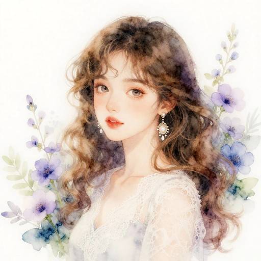 Elegant Young Woman in Watercolor Floral