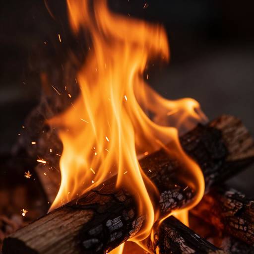 Close-up photograph of bright orange flames engulfing dark, charred wooden logs, with small glowing embers flying upward.