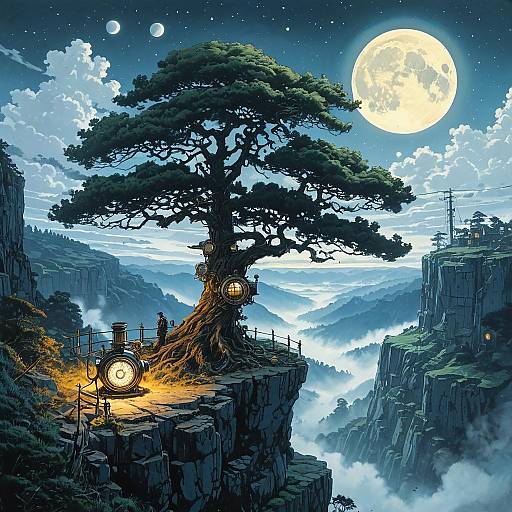 Steampunk Tree on Cliff under Full Moon